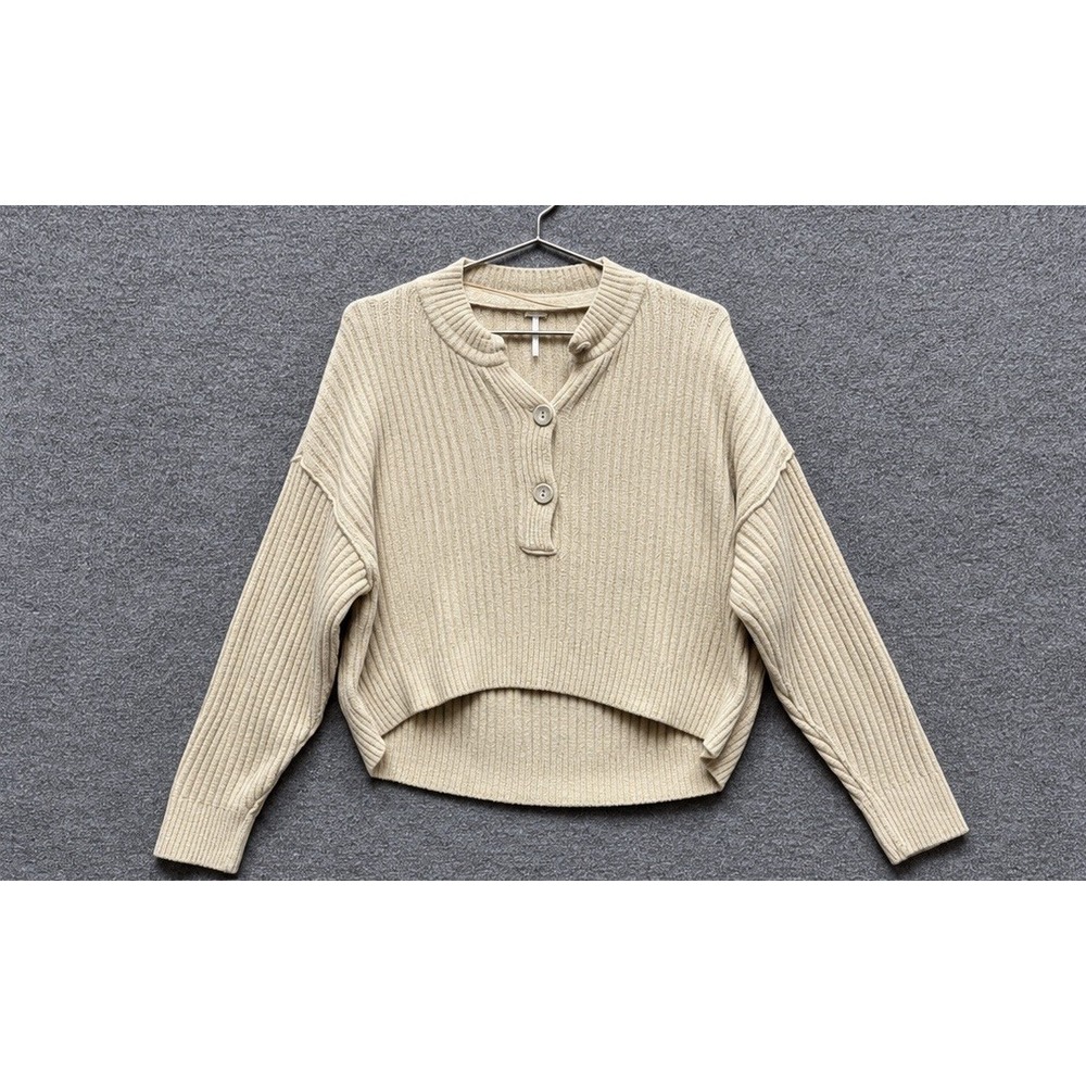 Free People Cocoa Henley Pullover Women's Medium Beige Sweater Hi Lo Ribbed EUC